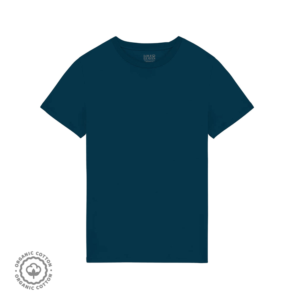 Blue 100% organic cotton crew neck shirt.