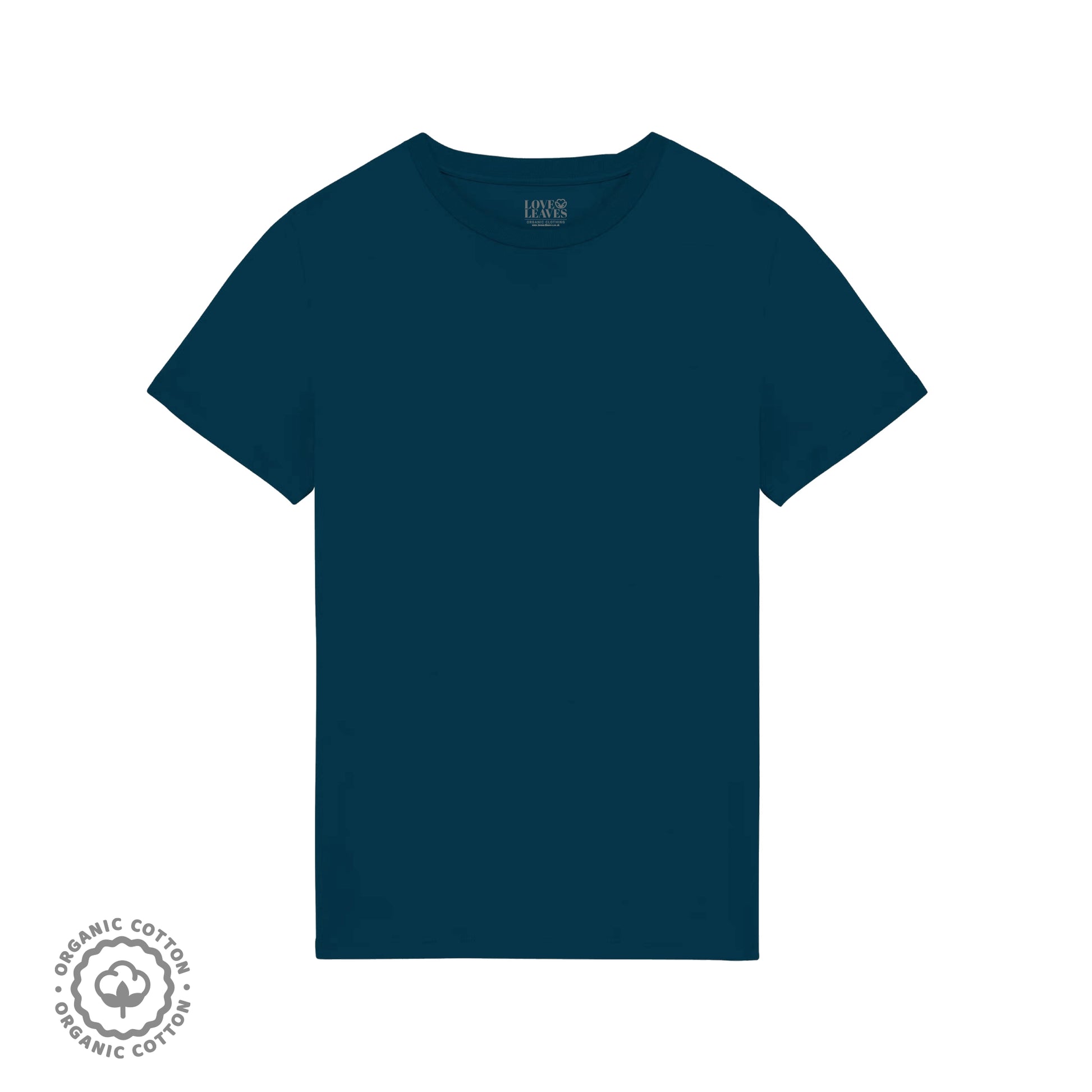 Blue 100% organic cotton crew neck shirt.