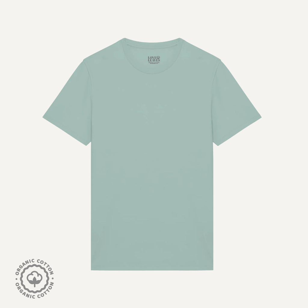 Teal 100% organic cotton crew neck shirt.