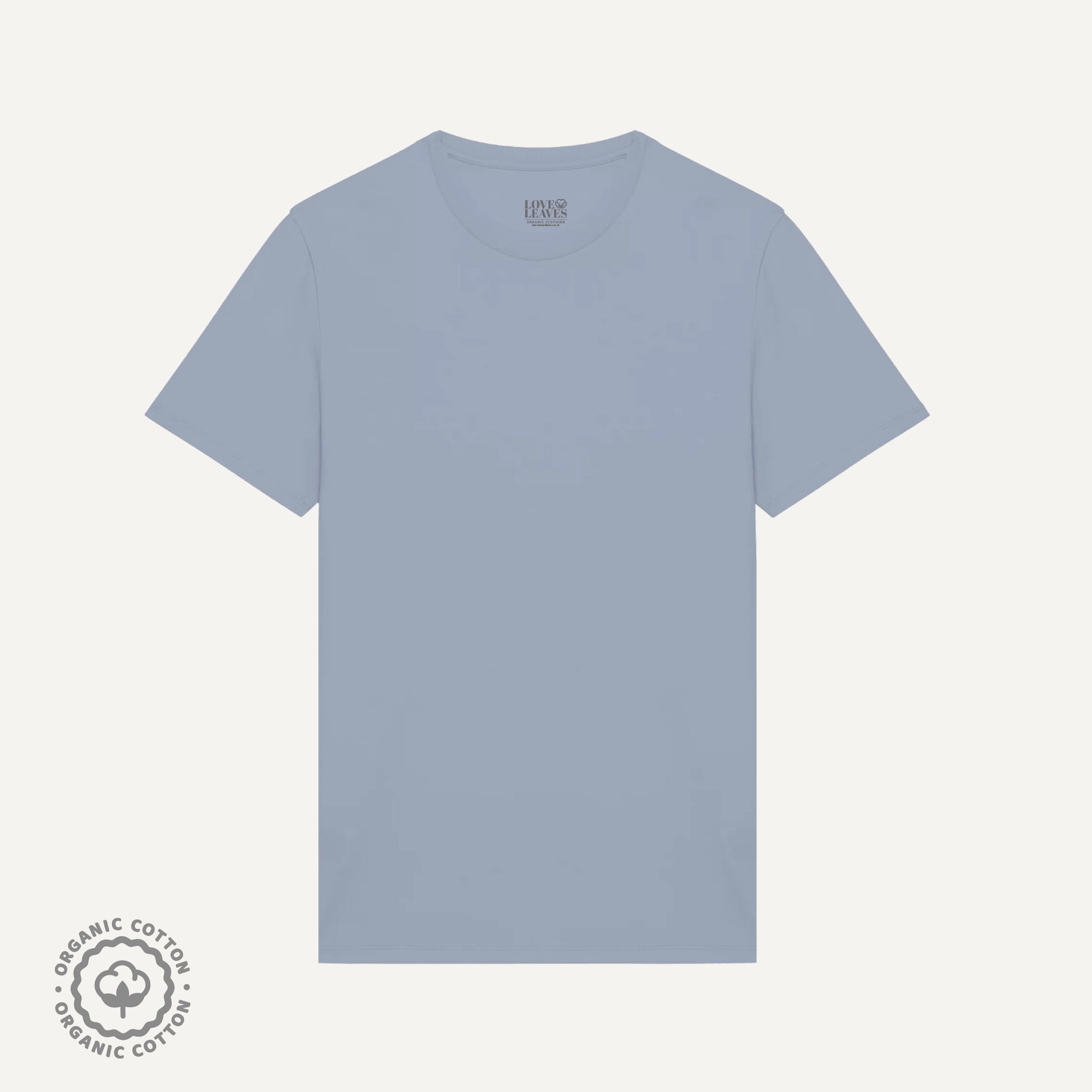 Blue 100% organic cotton crew neck shirt.