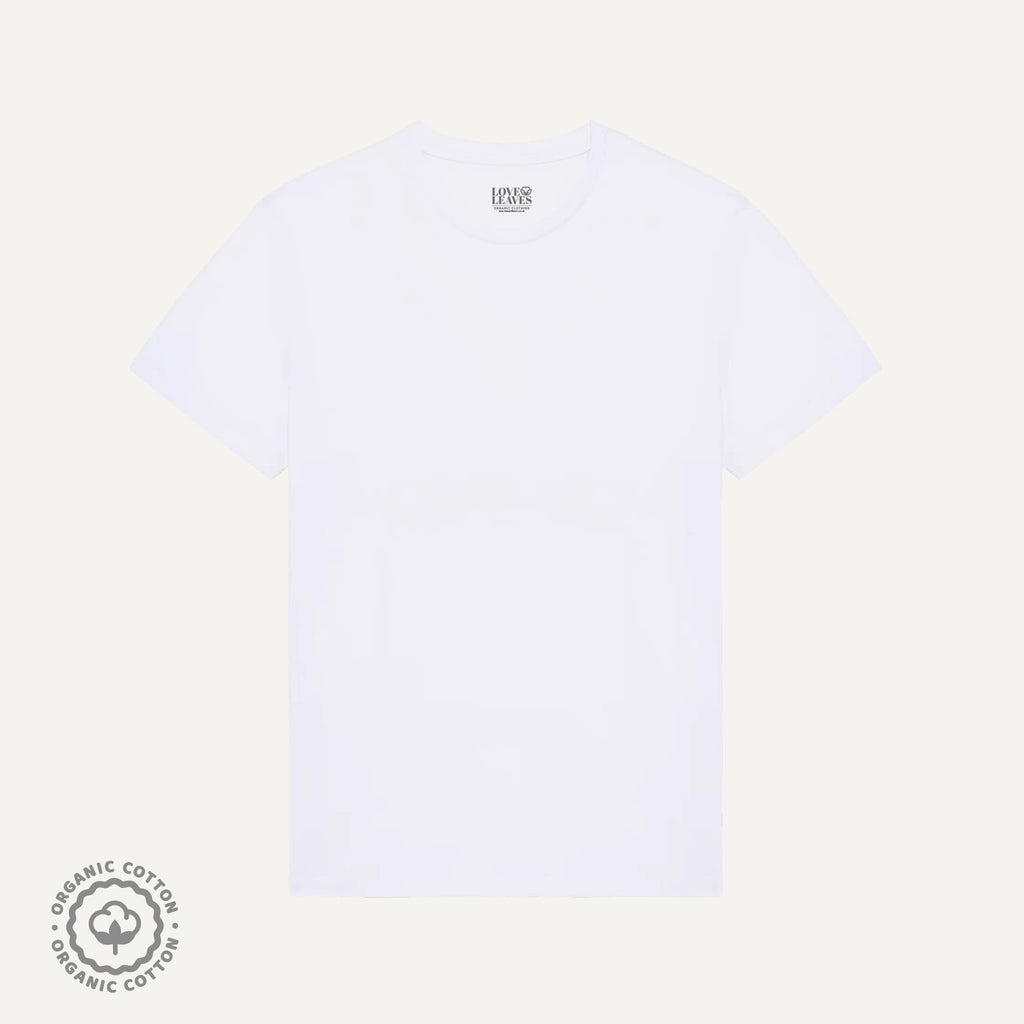 White 100% organic cotton crew neck shirt.