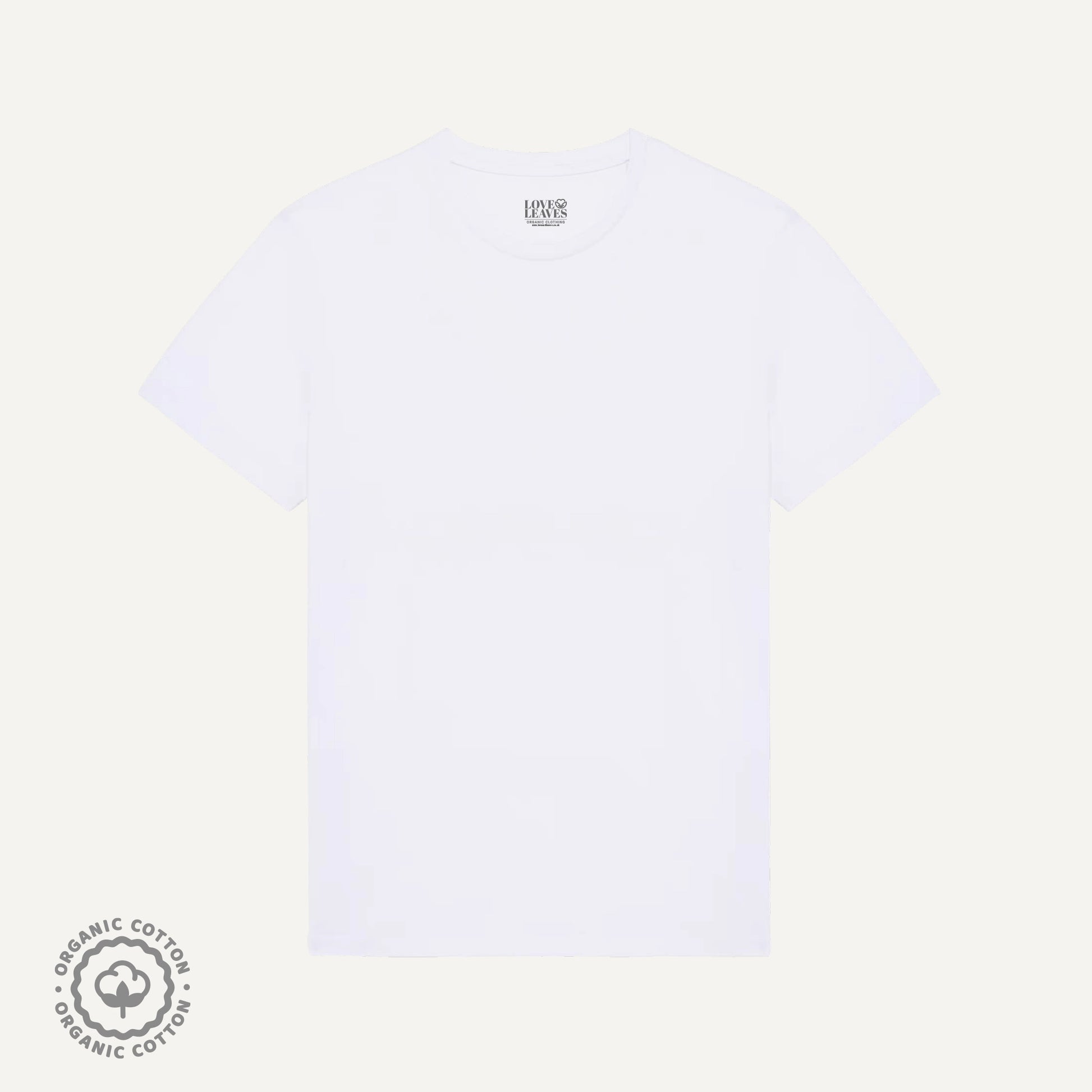 White 100% organic cotton crew neck shirt.